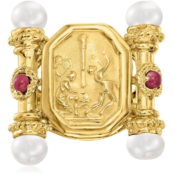 18kt Gold Over Sterling Silver Ruby & Pearl Ring – Italian Crafted - Picture 3 of 5